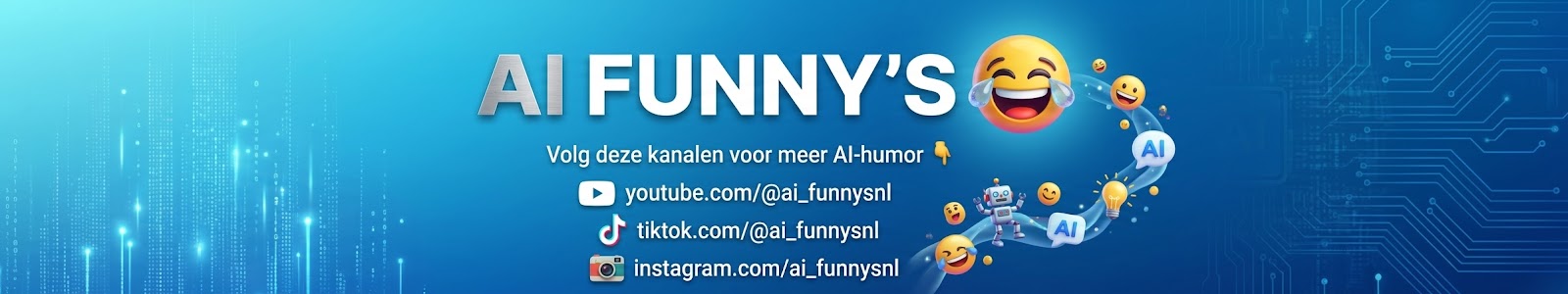 AI Funny’s banner met YouTube, TikTok en Instagram kanalen
